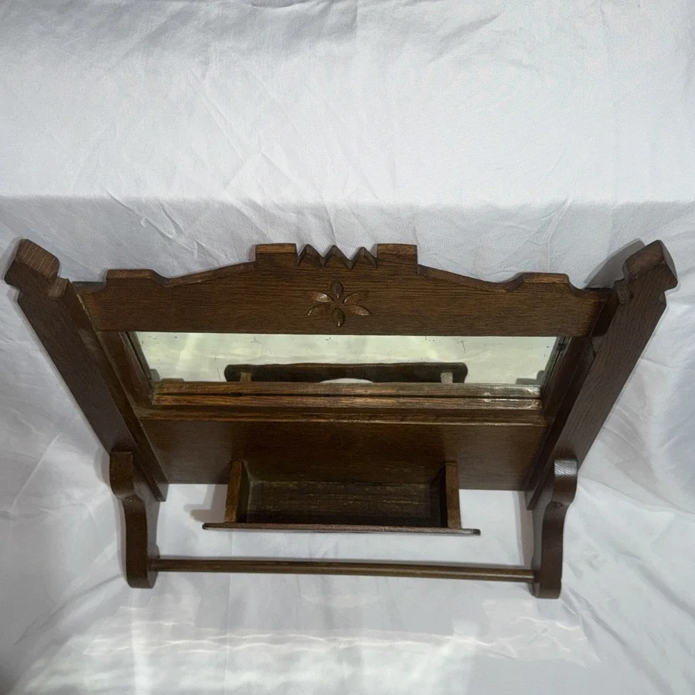 Antique Oak Wood Wall Shaving Mirror Towel Rack & Accessory Box Wall Hang